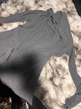 H by Bordeaux Gray Ribbed Tie Neck Long Sleeve Top Soft Stretch